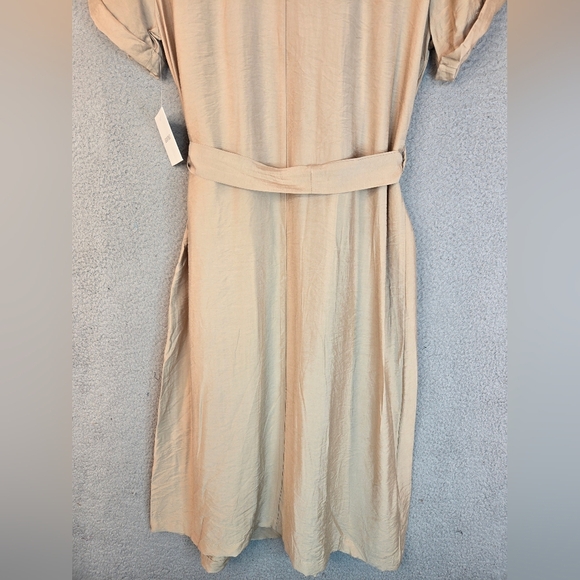 Ellen Tracy Midi Shirt Dress Sz M Tan Front Button Pockets Belted Casual Comfort - Picture 13 of 13